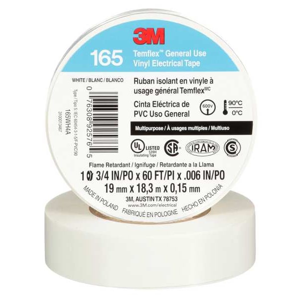 Vinyl Electrical Tape, 165, Temflex, 3/4 in W x 60 ft L, 6 mil thick, White, 1 Pack