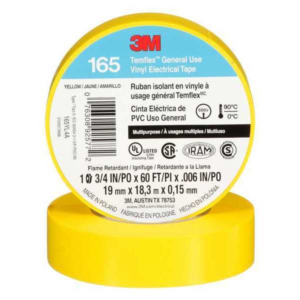 Elec Tape, 60 ft Lx3/4 in W, 6 mil, Yellow