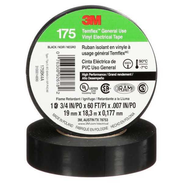 Elec Tape, 60 ft Lx3/4 in W, 7 mil, Black