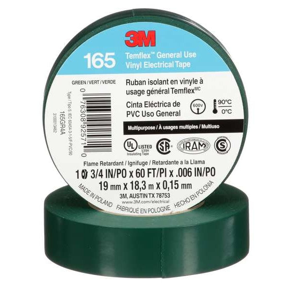 Elec Tape, 60 ft Lx3/4 in W, 6 mil, Green