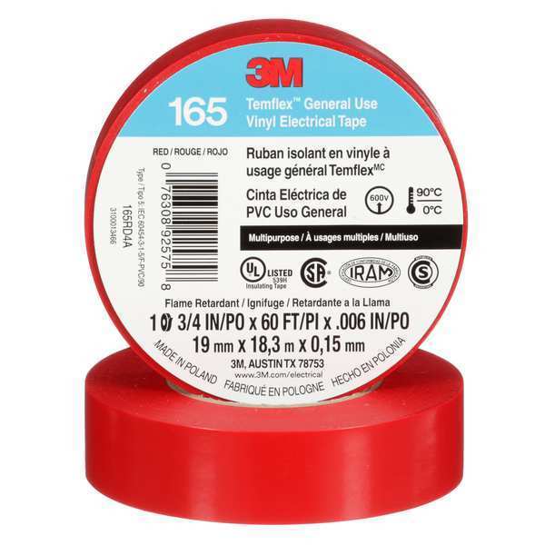 Elec Tape, 60 ft Lx3/4 in W, 6 mil, Red