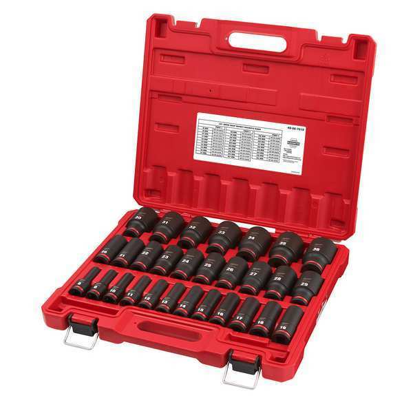 Impact Socket Set, 1/2 in Drive Size, Metric, Black Phosphate, 29-Piece