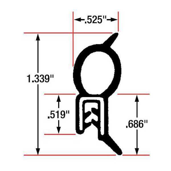 Edge Grip Seal, EPDM, 82 ft Length, 0.525 in Overall Width, Style: Top Bulb