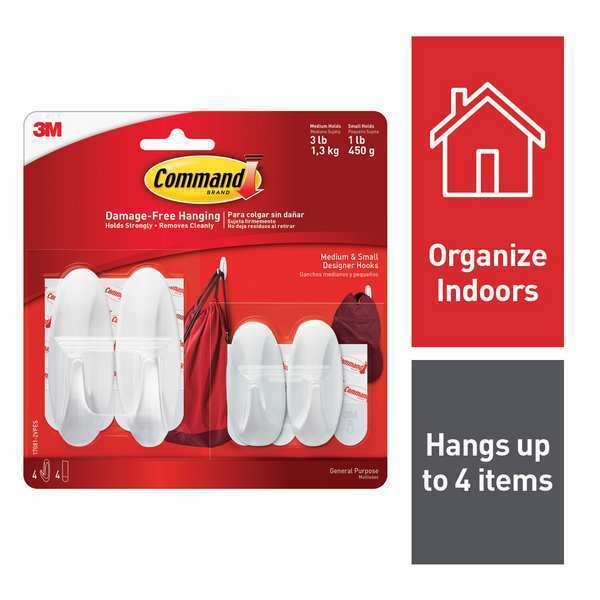 Designer Hook, Plastic, White, PK4