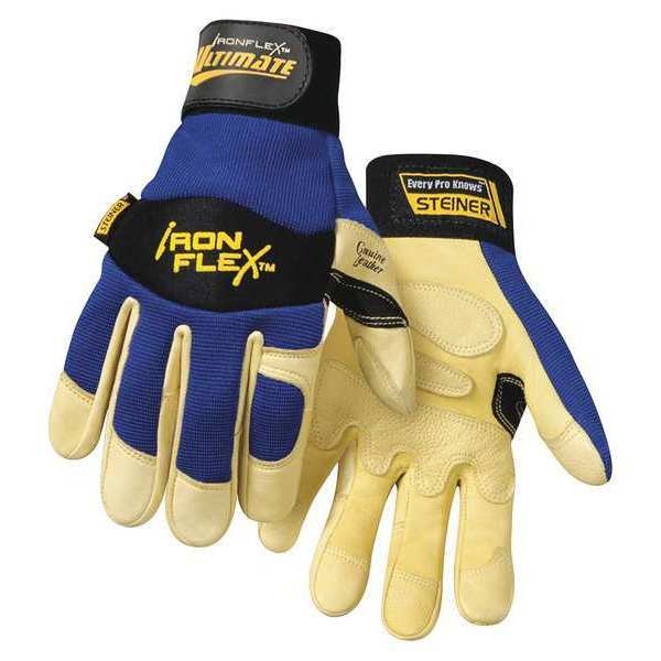 Mechanics Gloves, L, Tan/Blue, Reinforced, Omni-Directional Spandex with Neoprene Knuckle Guard