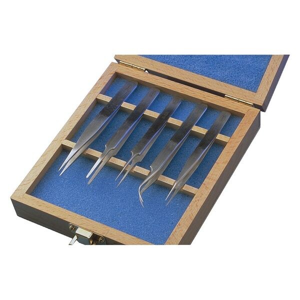 Tweezers, Set 5pcs., Technik, Wooden Case