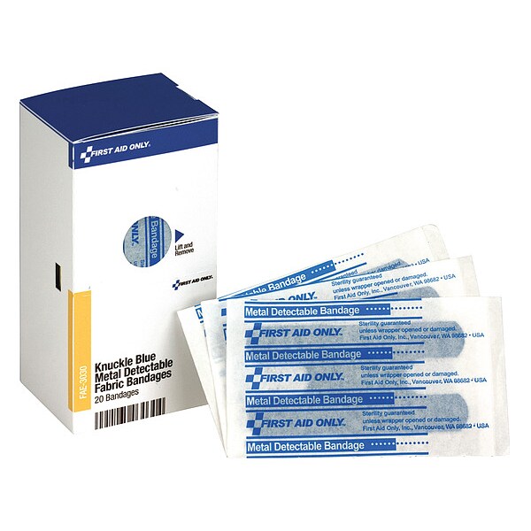 First Aid Kit Refill, Knuckle Blue Metal Detectable Bandages, 20 Per Box