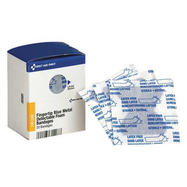 First Aid Kit Refill, Fingertip Foam Blue Metal Detectable Bandages, 20 Per Box