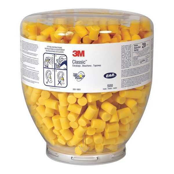 Disposable Uncorded Ear Plugs with Dispenser, Cylinder Shape, 29 dB, 500 Pairs, Yellow