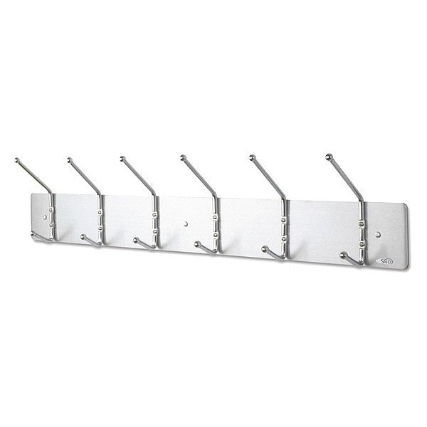 Metal Wall Rack, 6 Ball-Tipped Double-Hooks, 36Wx3.75Dx7H, Satin Metal