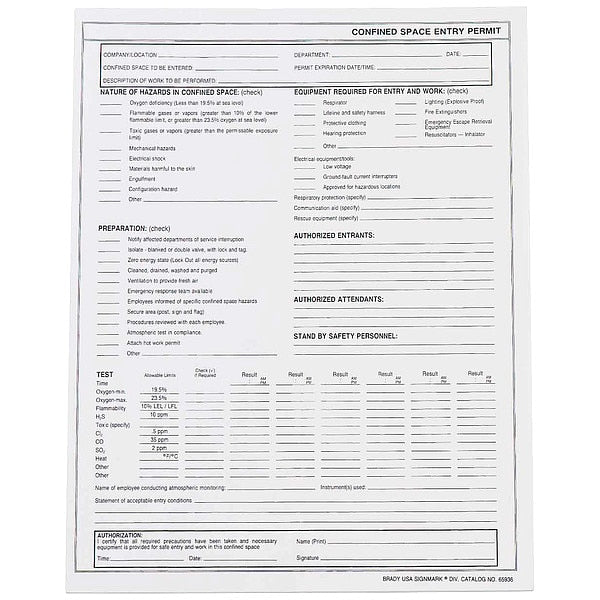 Confined Space Entry Permits, Paper, PK25