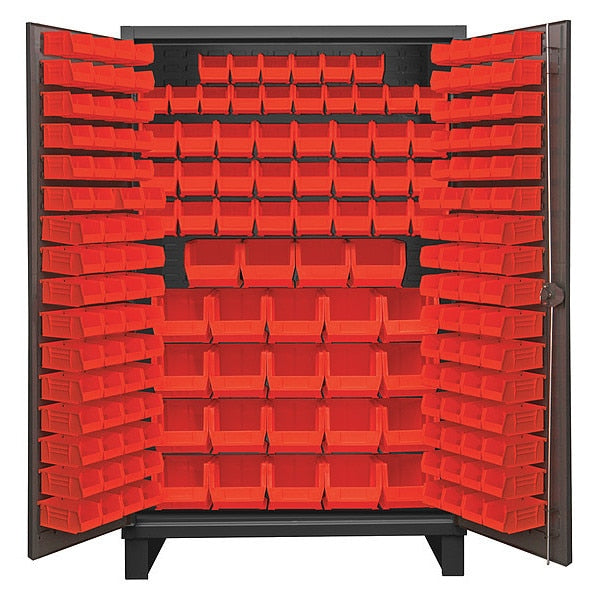 Cabinet with Hook-On-Bins, flush doors, 192 red bins