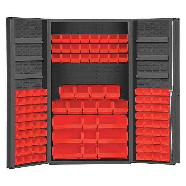 Cabinet with 114 red Hook-On-Bins, 3 adjustable shelves on each door
