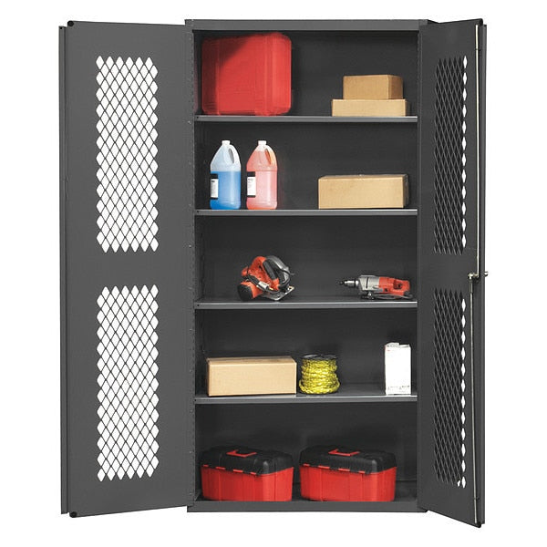 Janitorial Cabinet with wardrobe/broom storage, 1 fixed and 4 shelves