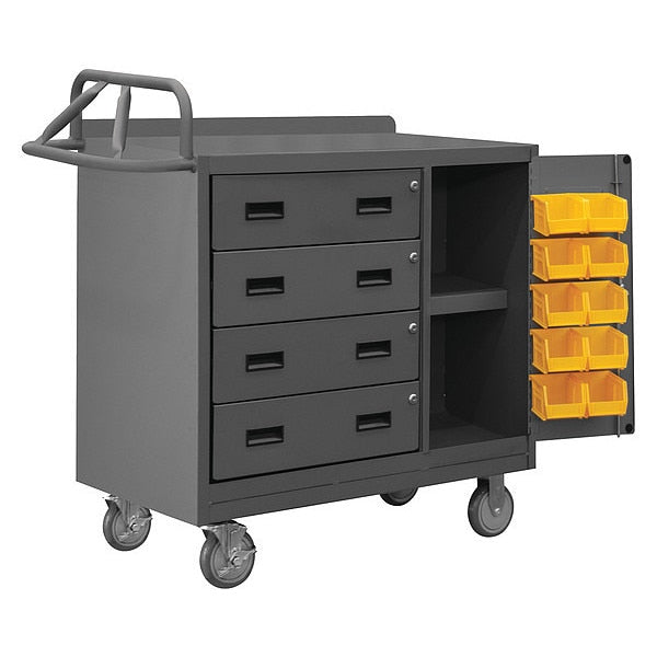 Mobile bench cabinet, 4 drawer, 10 bins, lockable storage cabinet