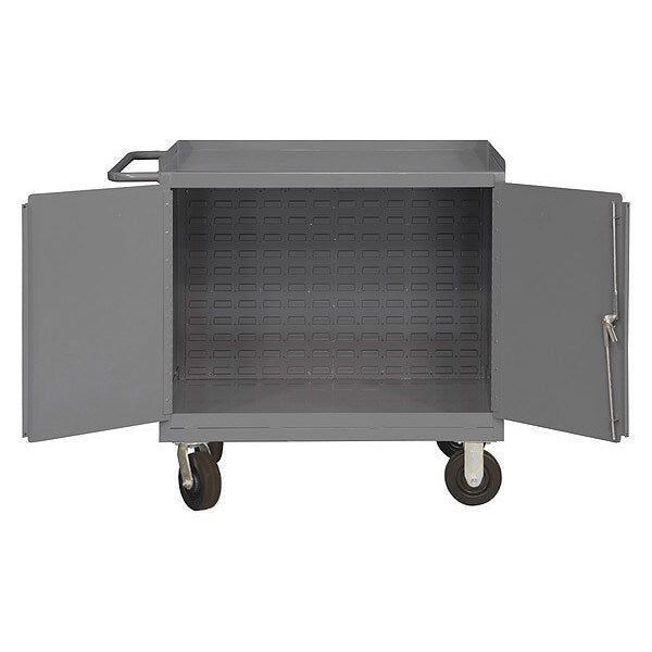 Mobile bench cabinet, louvered panel back, locking doors