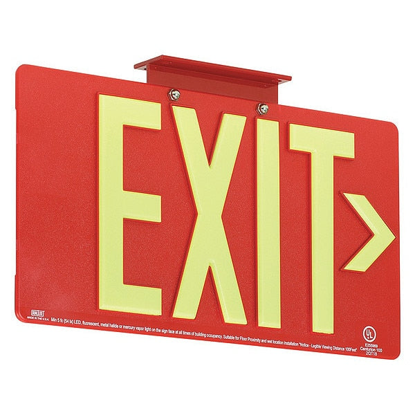 Photoluminescent Single-Face Exit Sign, Red, 100FT Viewing Distance