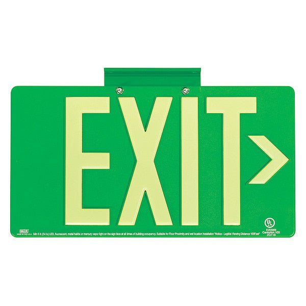 Photoluminescent Single-Face Exit Sign, Green, 100FT Viewing Distance