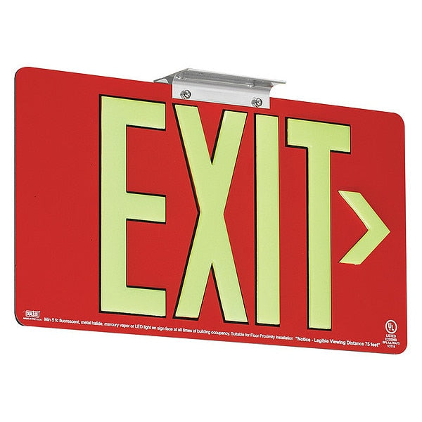 Photoluminescent Single-Face Aluminum Exit Sign Red 75FT View Distance