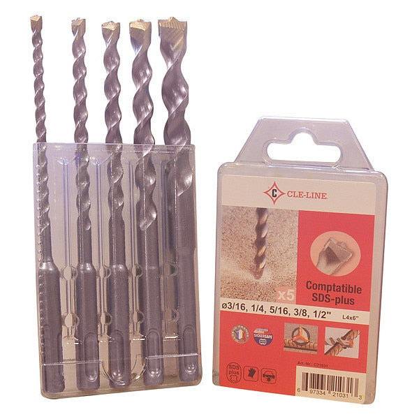 5PC SDS-Plus 2-Flute Carbide-Tipped Masonry Drill Set CLE 1821 HSS 3/16, 1/4, 5/16, 3/8, 1/2X6IN