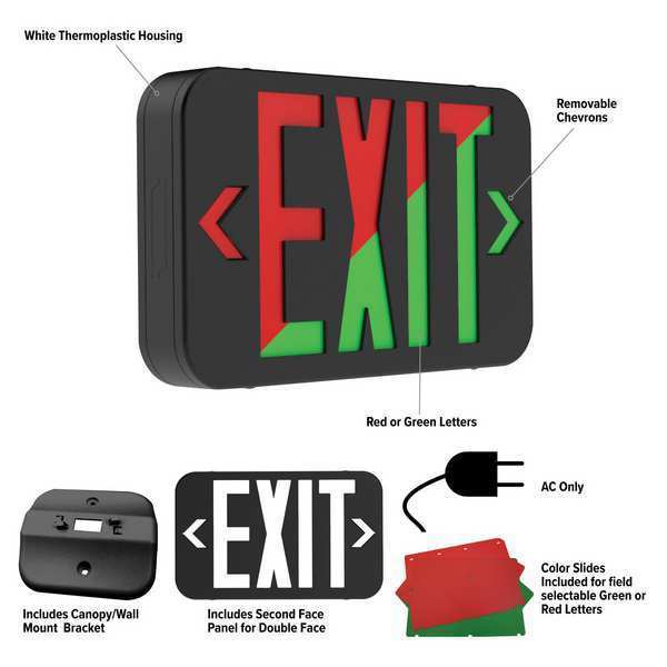 LED Lighted Exit Sign, Blk, Plastic, 7-1/5