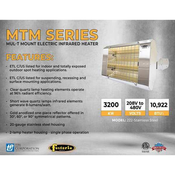 Infrared Quartz Electric Heater, Stainless Steel, 277 V