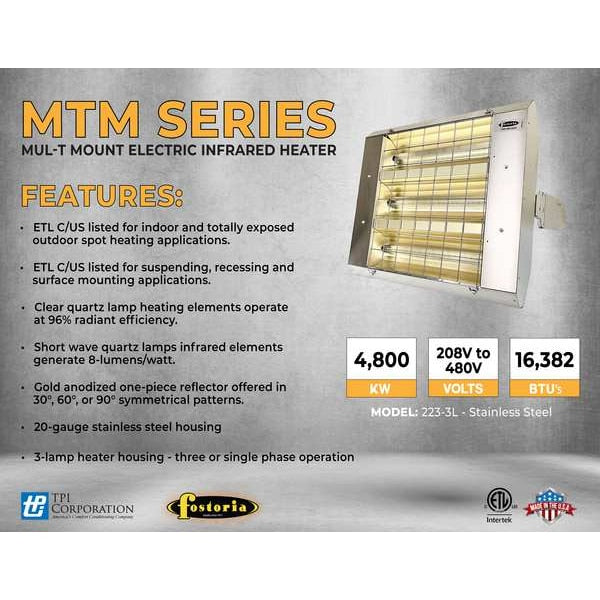 Infrared Quartz Electric Heater, Stainless Steel, 208 V