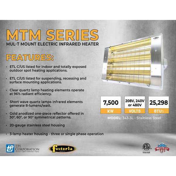 Infrared Quartz Electric Heater, Stainless Steel, 277 V
