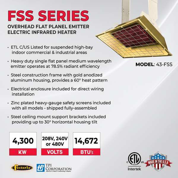Infrared Overhead Electric Heater, Aluminum, 208 V