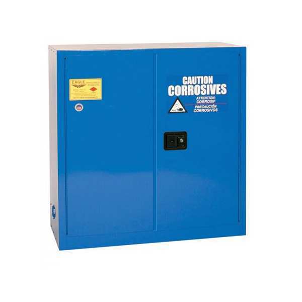 ACID METAL SAFETY CAB, 30 GAL., 1 SHELF, 2 DR, SLIDING SELF CLOSE, BLUE