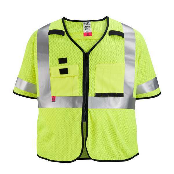 Arc-Rated/Flame-Resistant Cat 1 Class 3 High Visibility Yellow Mesh Safety Vest - 4X-Large/5X-Large