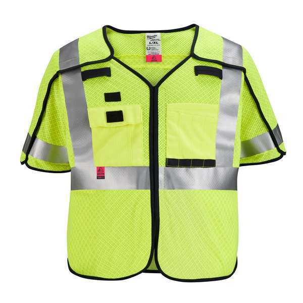 Arc-Rated/Flame-Resistant Cat 1 Class 3 ANSI and CSA Compliant Breakaway High Visibility Yellow Mesh Safety Vest - 2X-Large/3X-Large
