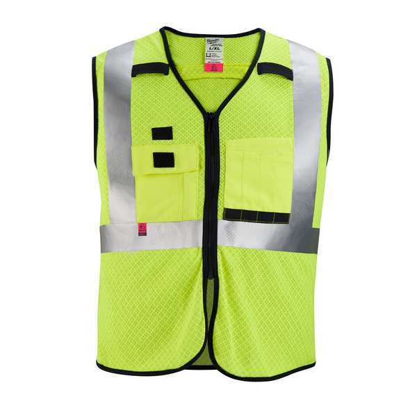 Arc-Rated/Flame-Resistant Cat 1 Class 2 High Visibility Yellow Mesh Safety Vest - Large/X-Large