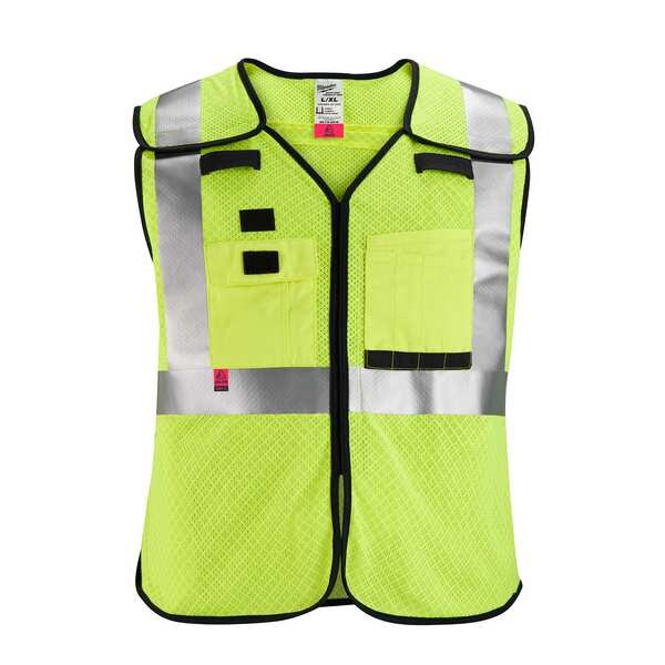 Arc-Rated/Flame-Resistant Cat 1 Class 2 Breakaway High Visibility Yellow Mesh Safety Vest - 4X-Large/5X-Large