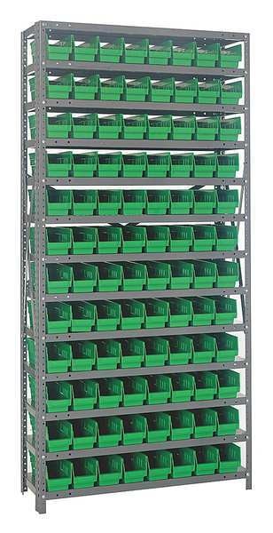 Steel Bin Shelving, 36 in W x 75 in H x 12 in D, 13 Shelves, Green