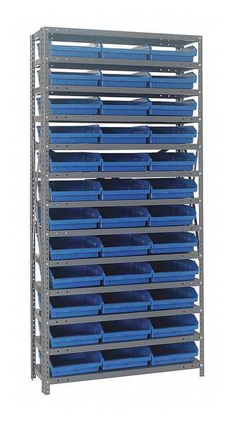 Steel Bin Shelving, 36 in W x 75 in H x 12 in D, 13 Shelves, Gray/Blue