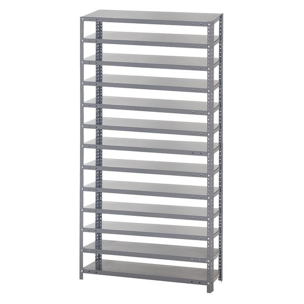 Steel Bin Shelving, 36 in W x 75 in H x 12 in D, 13 Shelves, Gray