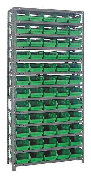Steel Bin Shelving, 36 in W x 75 in H x 12 in D, 13 Shelves, Green