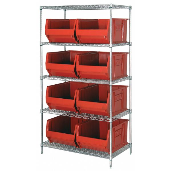 Steel Bin Shelving, 36 in W x 74 in H x 18 in D, 5 Shelves, Red
