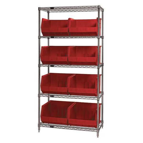 Steel Bin Shelving, 36 in W x 74 in H x 18 in D, 5 Shelves, Red