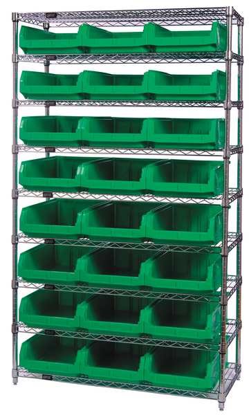 polypropylene Bin Shelving, 42 in W x 74 in H x 18 in D, 9 Shelves, Green