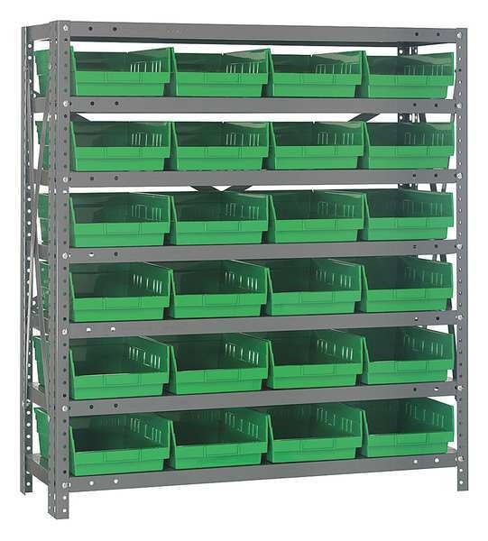 Steel Bin Shelving, 36 in W x 39 in H x 12 in D, 7 Shelves, Gray/Green