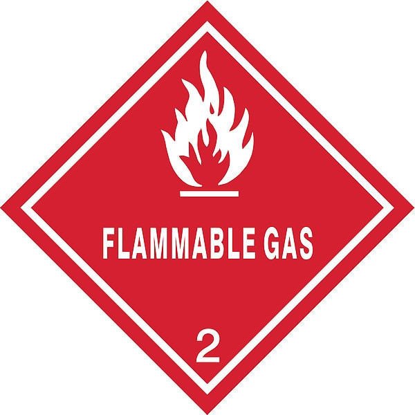 Flammable Gas DOT Label, Class 2, White/Red, Pk100