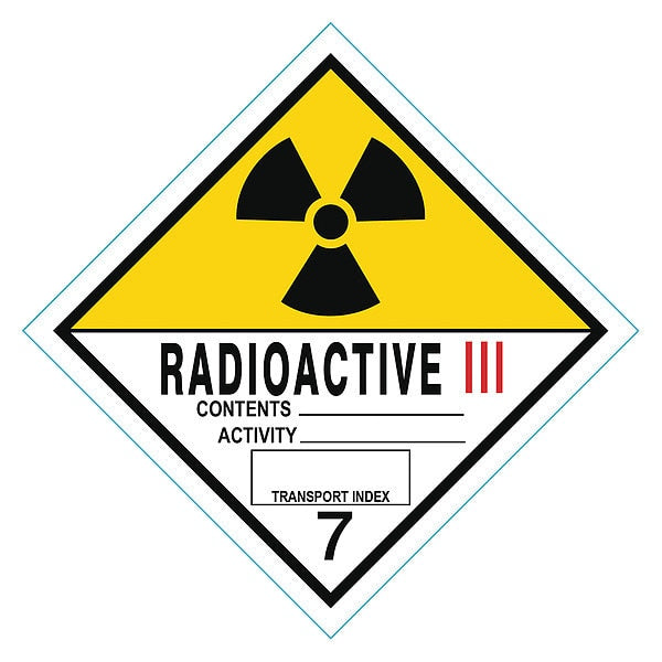 Radioactive III DOT Label, Class 7, Black, Red/White, Yellow, Pk500