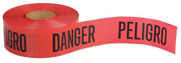 Barricade Tape, Red/Black, 1000 ft x 3 In, Legend: Danger Peligro