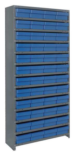 Steel Enclosed Bin Shelving, 36 in W x 75 in H x 12 in D, 13 Shelves, Gray/Blue