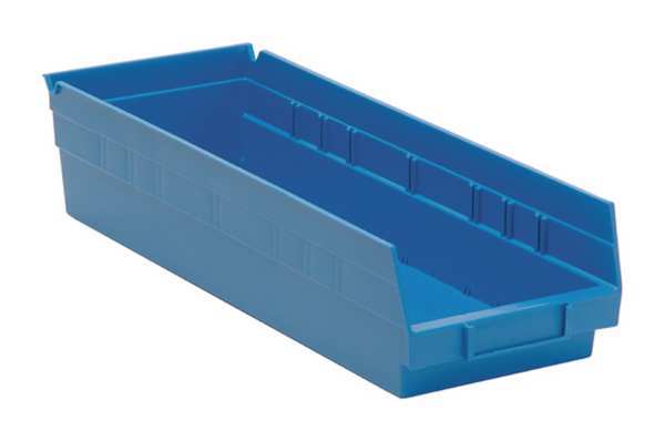 Shelf Storage Bin, Blue, Polypropylene, 17 7/8 in L x 6 5/8 in W x 4 in H, 50 lb Load Capacity