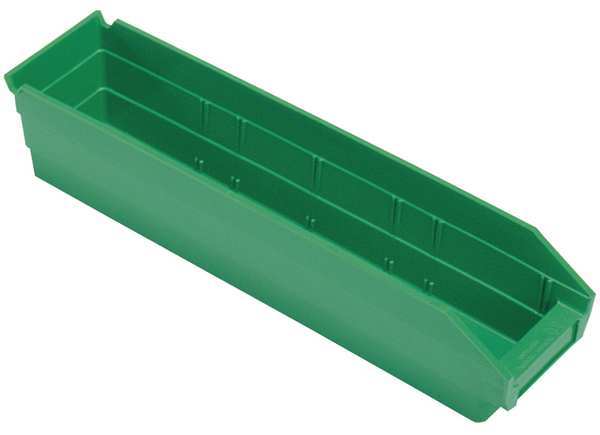 Shelf Storage Bin, Green, Polypropylene, 17 7/8 in L x 4 1/8 in W x 4 in H, 50 lb Load Capacity