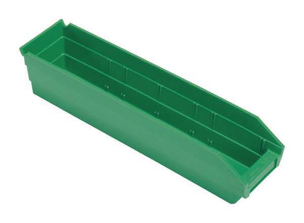Shelf Storage Bin, Green, Polypropylene, 17 7/8 in L x 4 1/8 in W x 4 in H, 50 lb Load Capacity