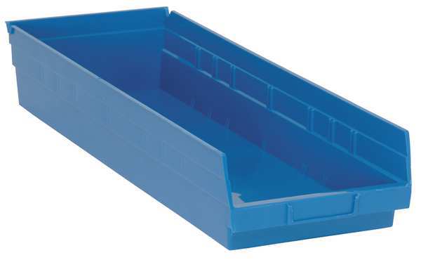 Shelf Storage Bin, Blue, Polypropylene, 23 5/8 in L x 8 3/8 in W x 4 in H, 50 lb Load Capacity